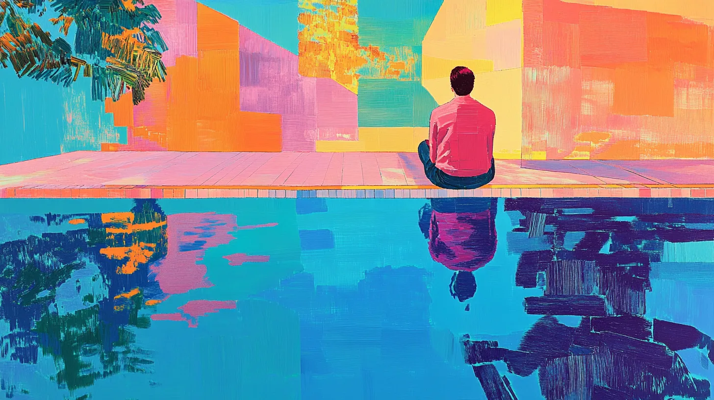 A colourful illustration of a person sitting by reflective water