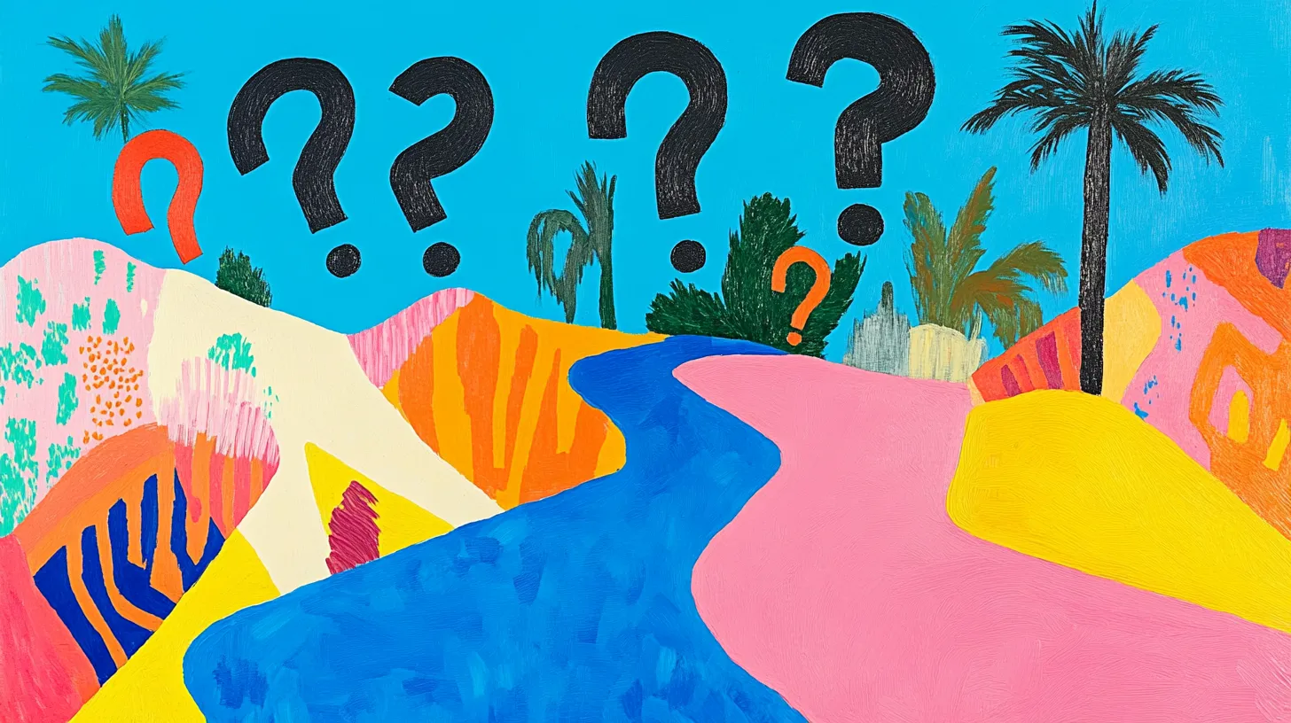 A colourful illustration of a winding path with question marks