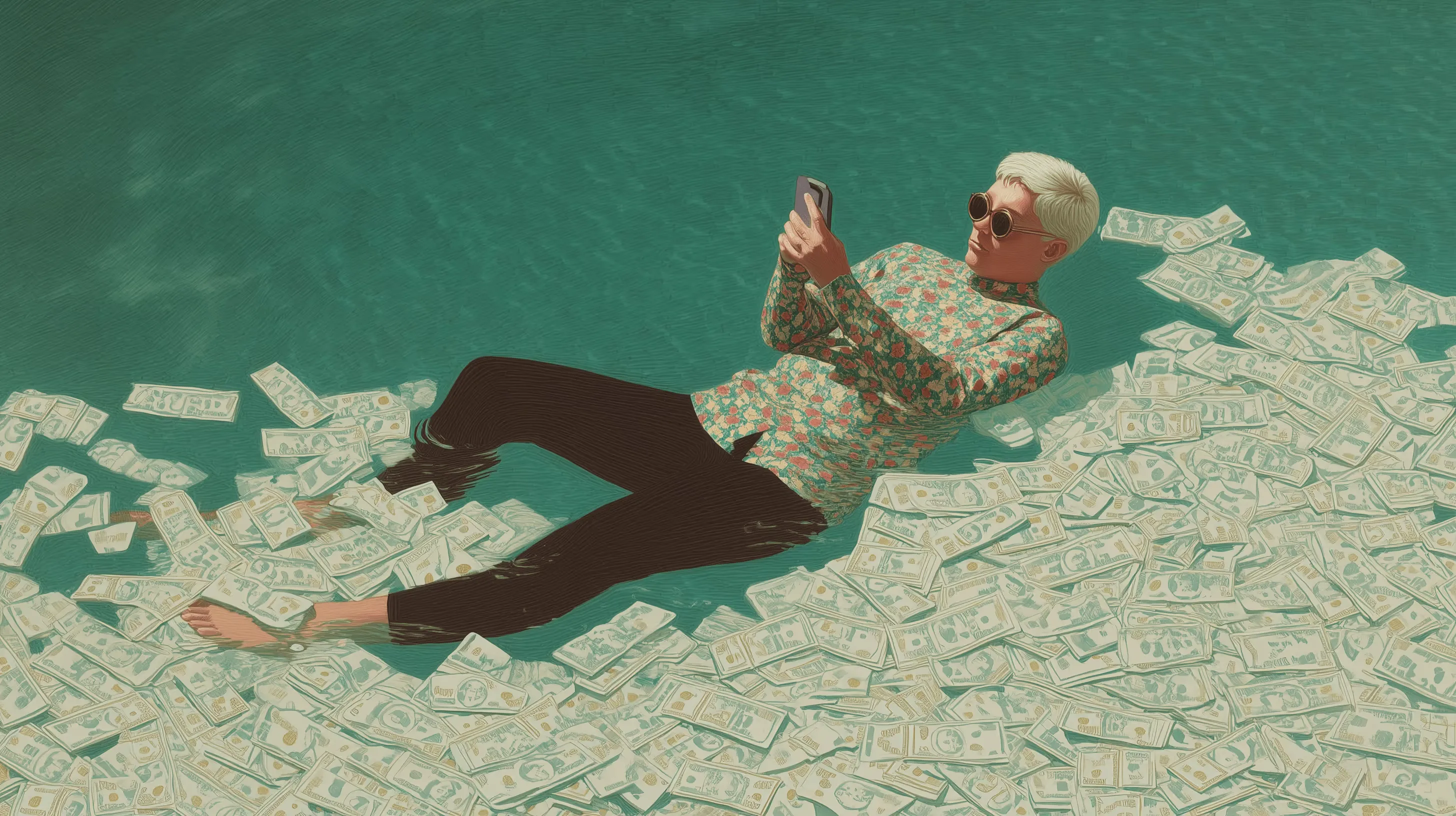A person reclining on a scattered pile of papers