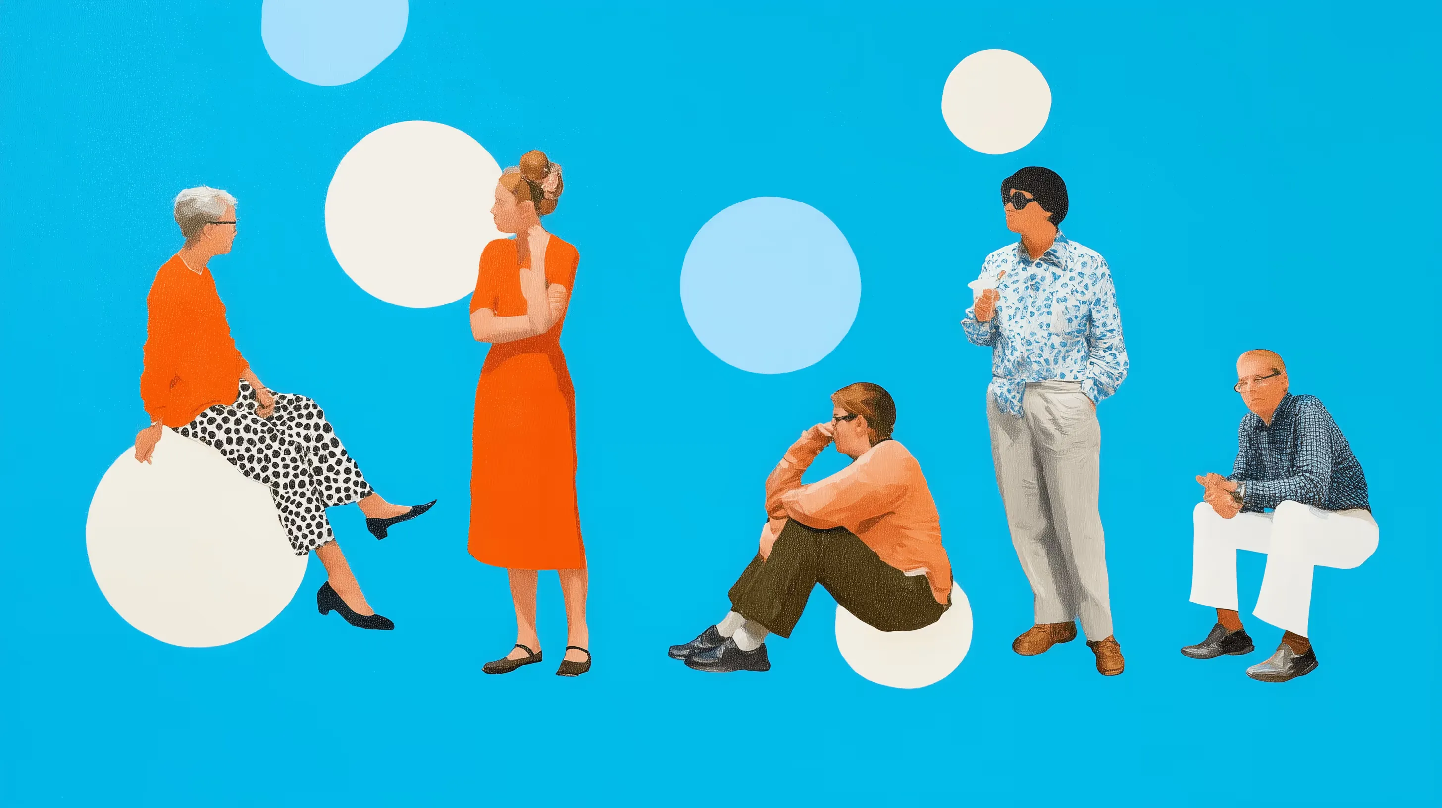 A colourful illustration of people seated on circles against a blue background