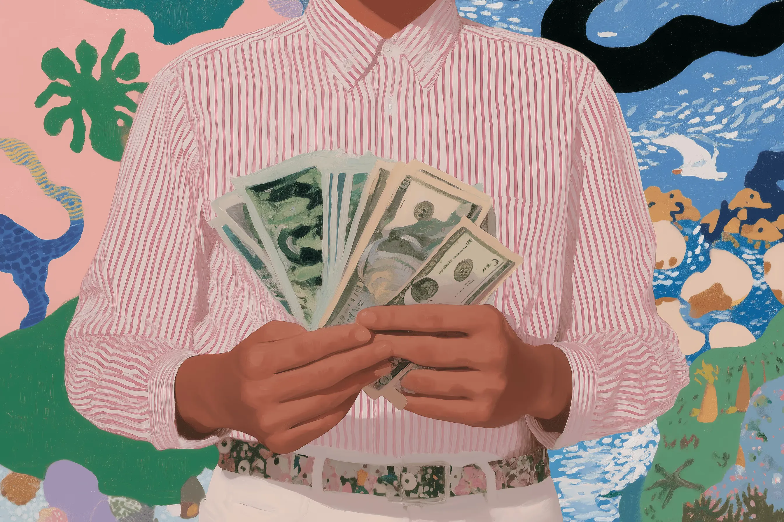 A person holding a fan of dollar bills in a collage-style image