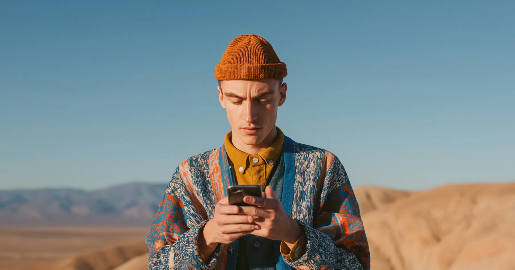 A person in a beanie checking their phone outdoors