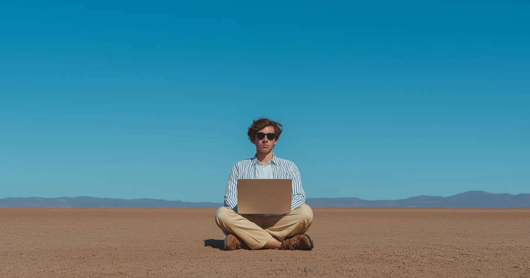 A person sitting cross-legged with a laptop in a desert