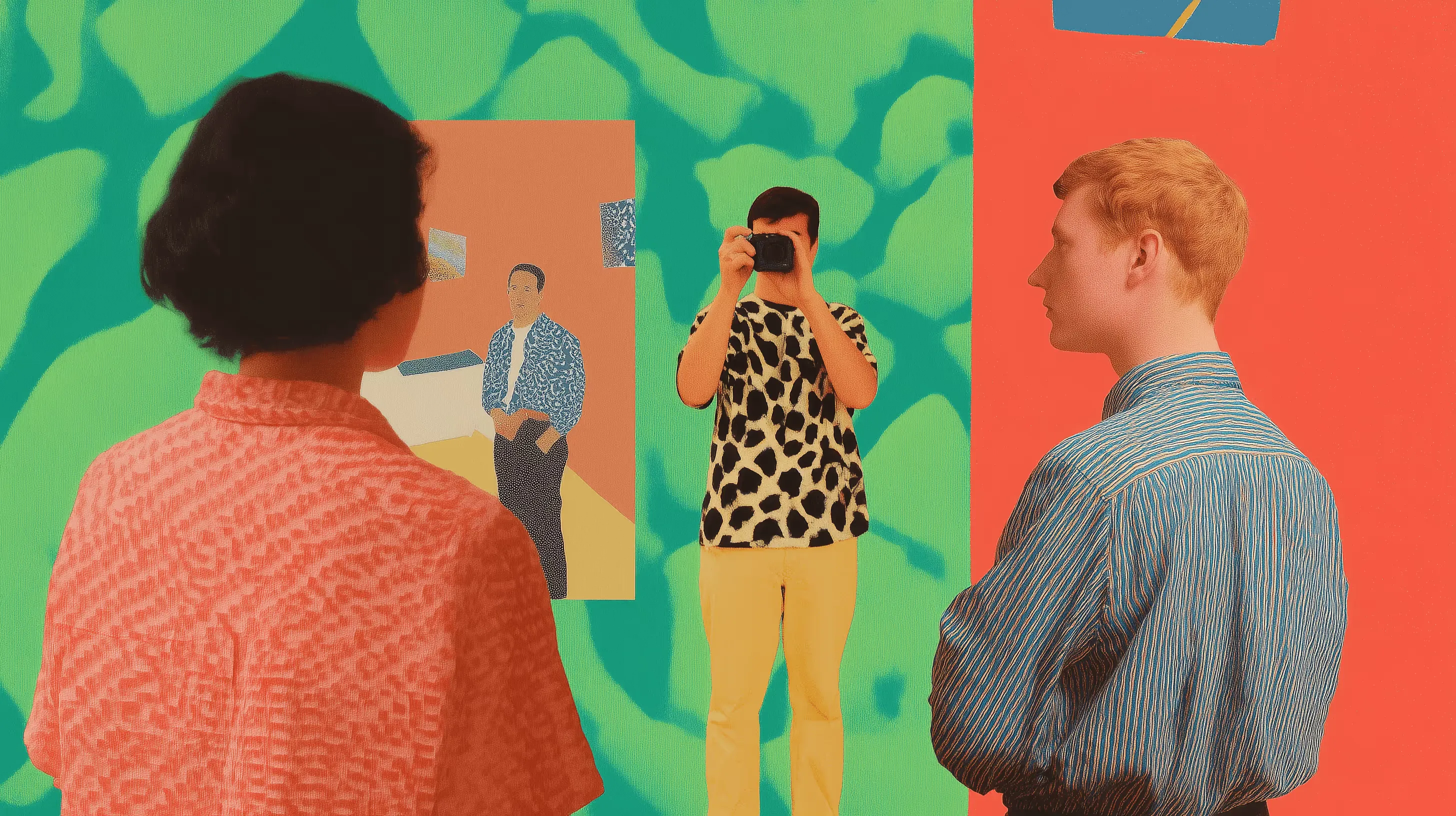 A colourful illustration of three people in conversation