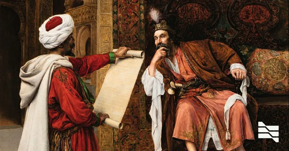 A traditional painting shows a man in regal attire receiving a scroll, symbolizing freelancer invoicing and payment terms knowledge.