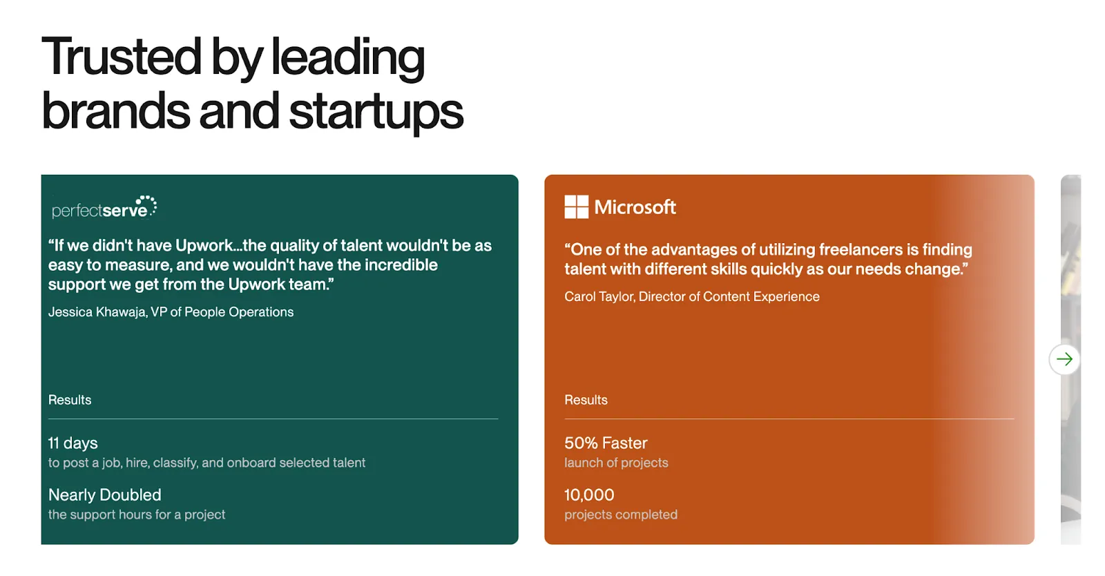 Screenshot of Upwork client testimonials from leading brands