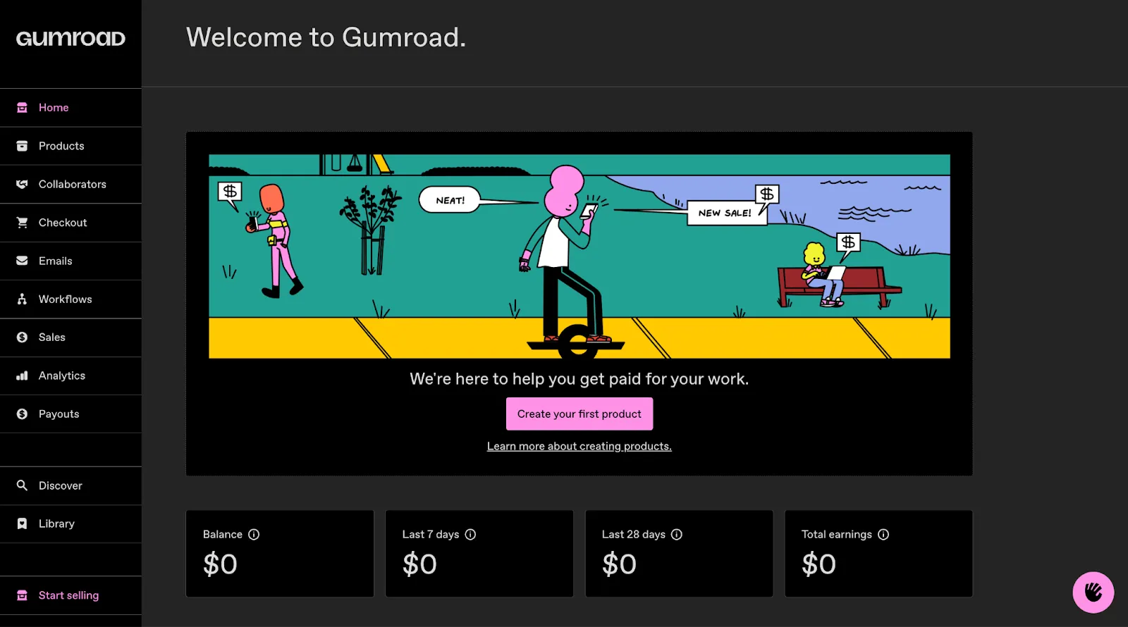 Screenshot of the Gumroad dashboard welcome screen
