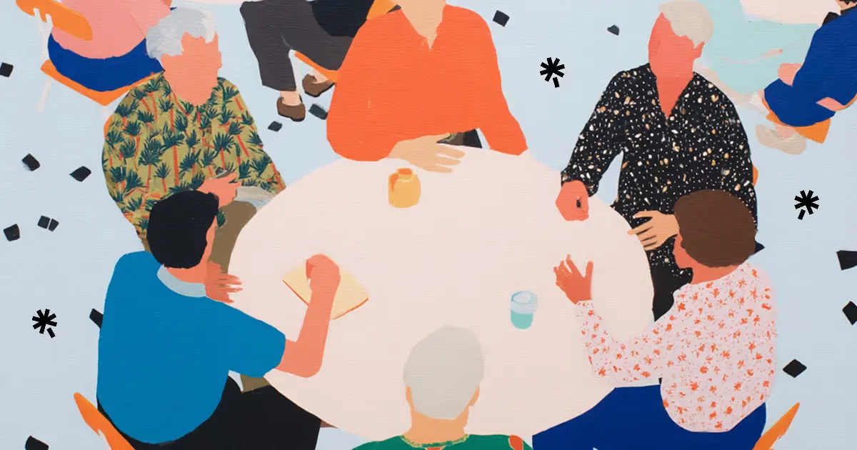 A colourful illustration of a diverse group of people gathered together