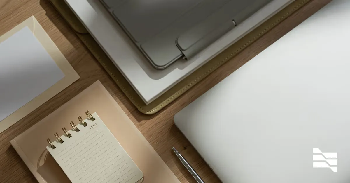 A flat-lay of a notebook, laptop and stationery on a desk