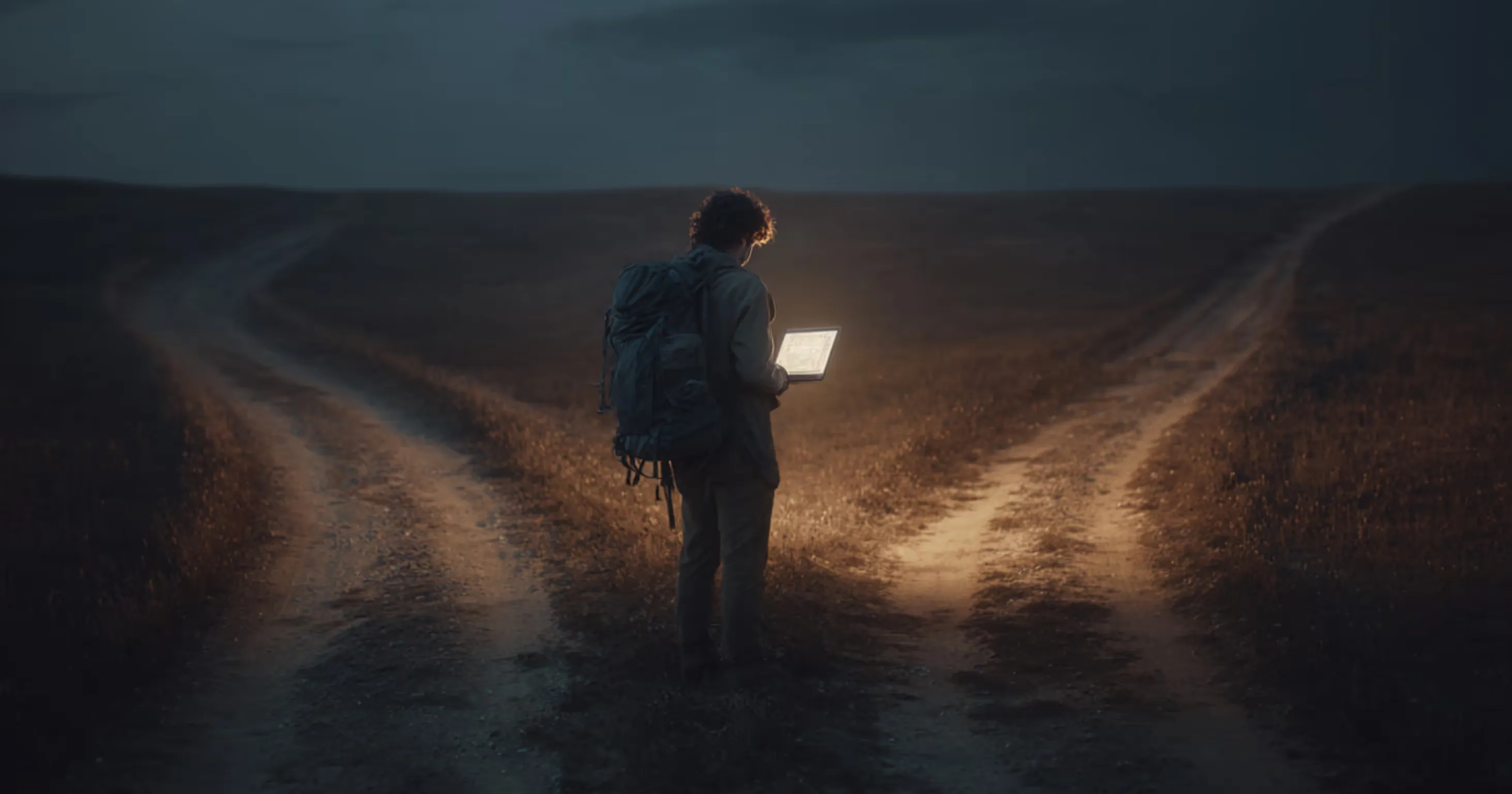 A person with a backpack walking along a dark road toward the light
