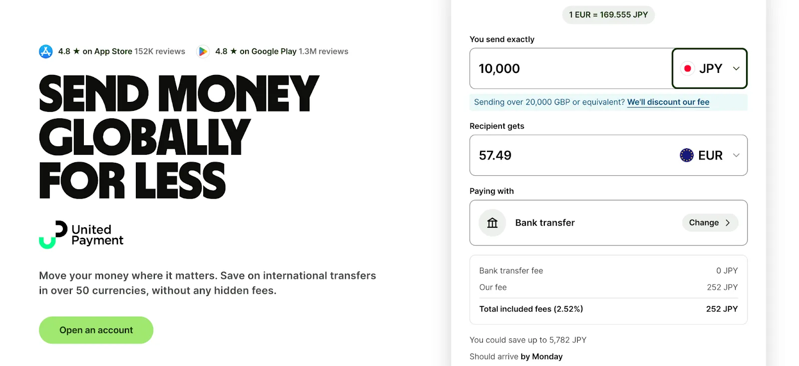 Screenshot of a global money transfer service