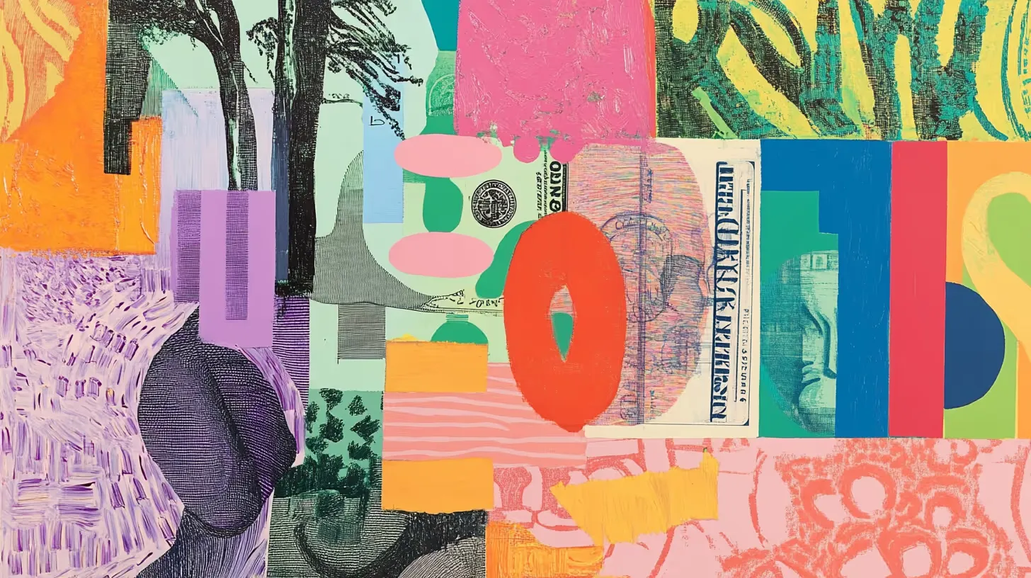 A colourful abstract collage of shapes and text