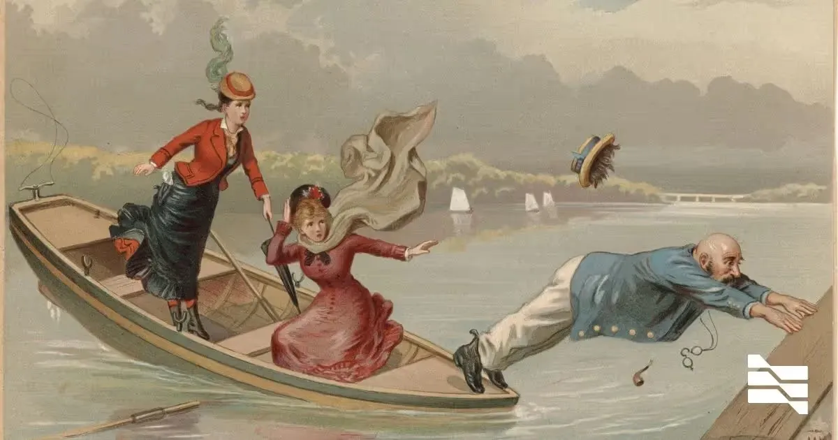 Vintage illustration of chaotic boating scene, metaphor for freelancers navigating cash flow strategies.