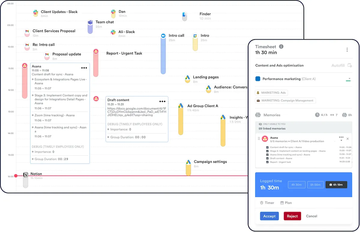 Screenshot of the Timely time tracking tool