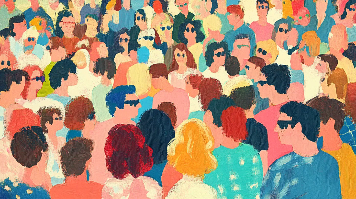 A colourful illustration of a diverse crowd of people