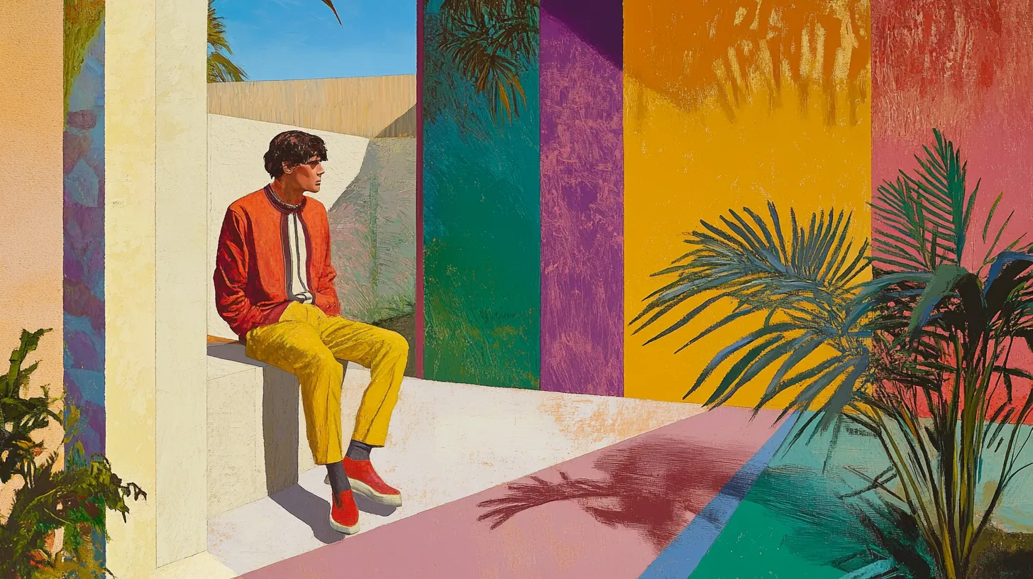 An illustration of a person sitting against a colourful wall