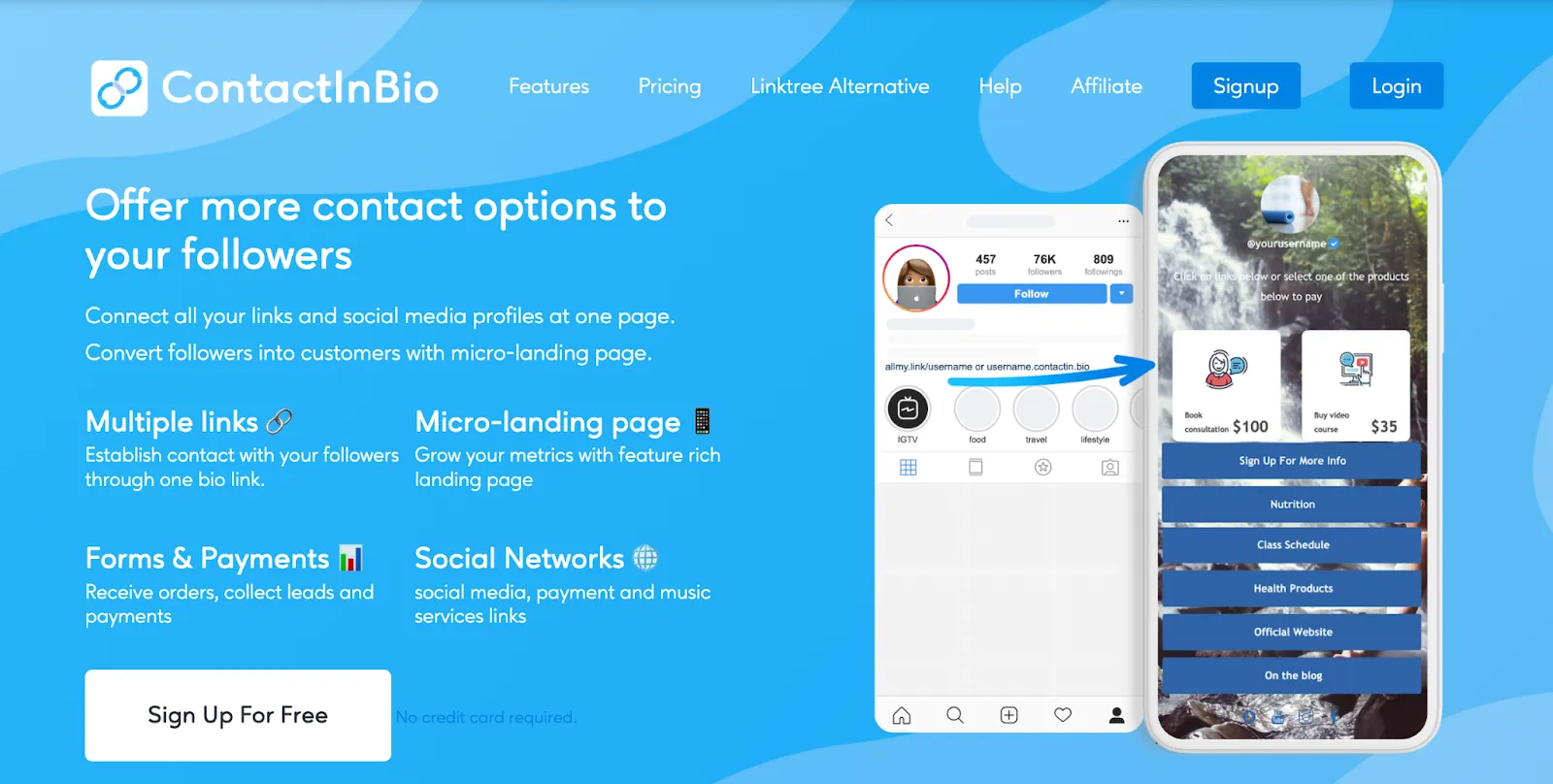 Screenshot of the ContactInBio link-in-bio tool