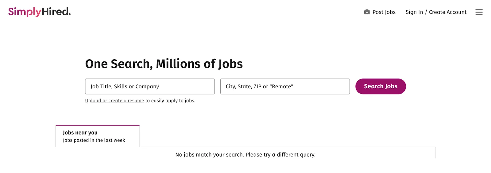 Screenshot of the SimplyHired job search homepage