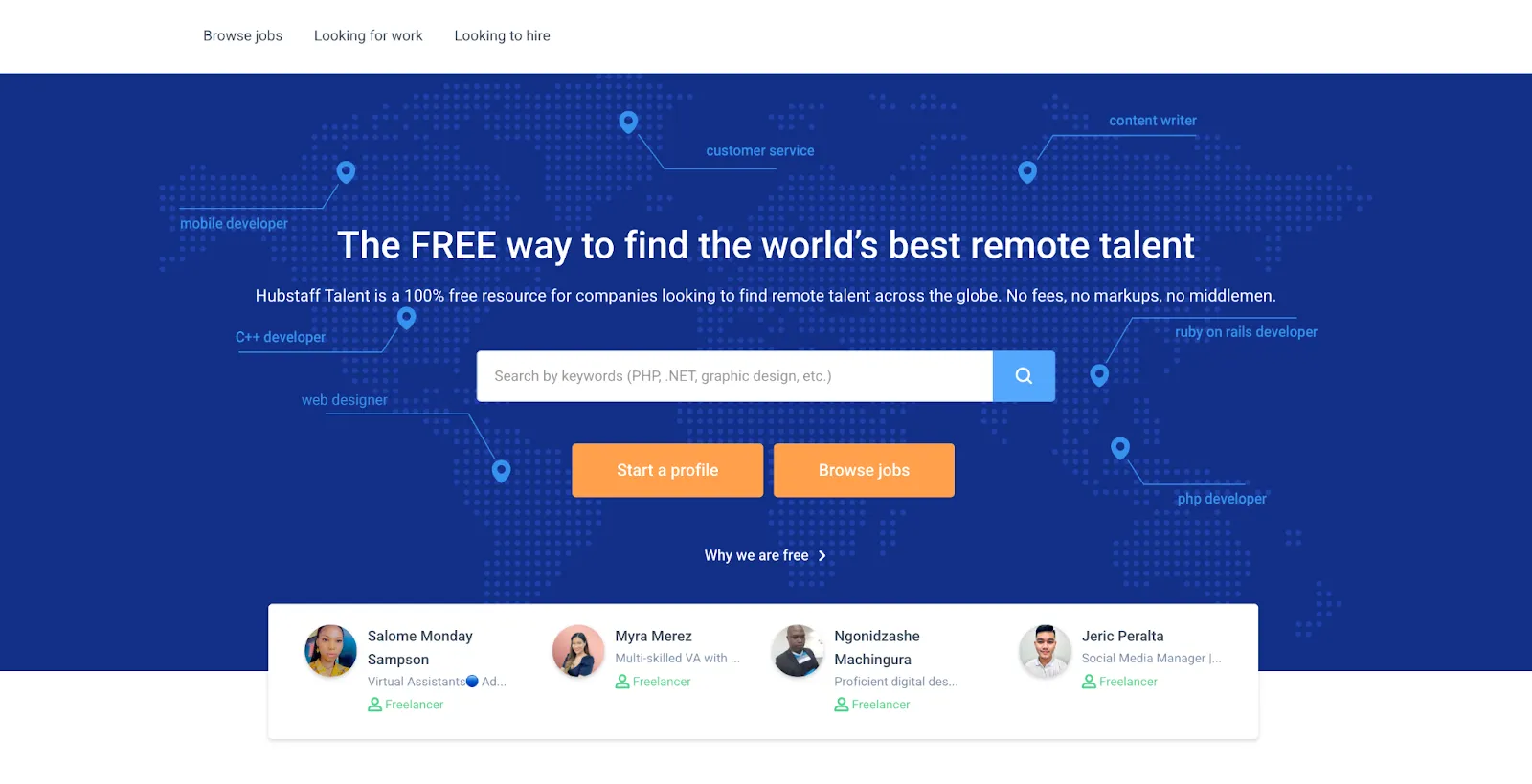 Screenshot of a remote talent marketplace homepage