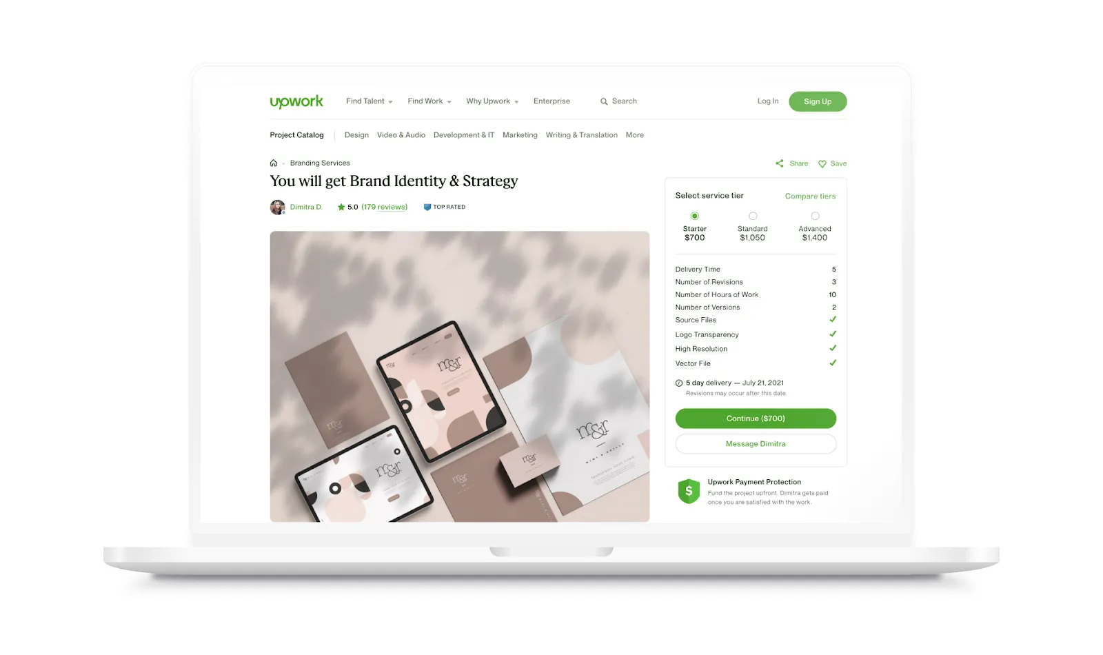 Screenshot of an Upwork service shown on a laptop