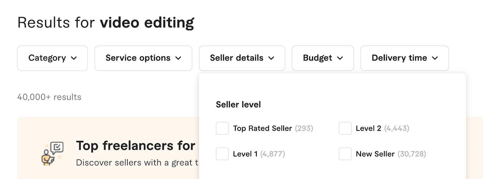 Screenshot of Fiverr video editing search results with seller filters