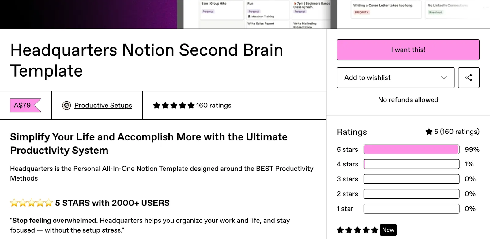 Screenshot of a Gumroad Notion template product page
