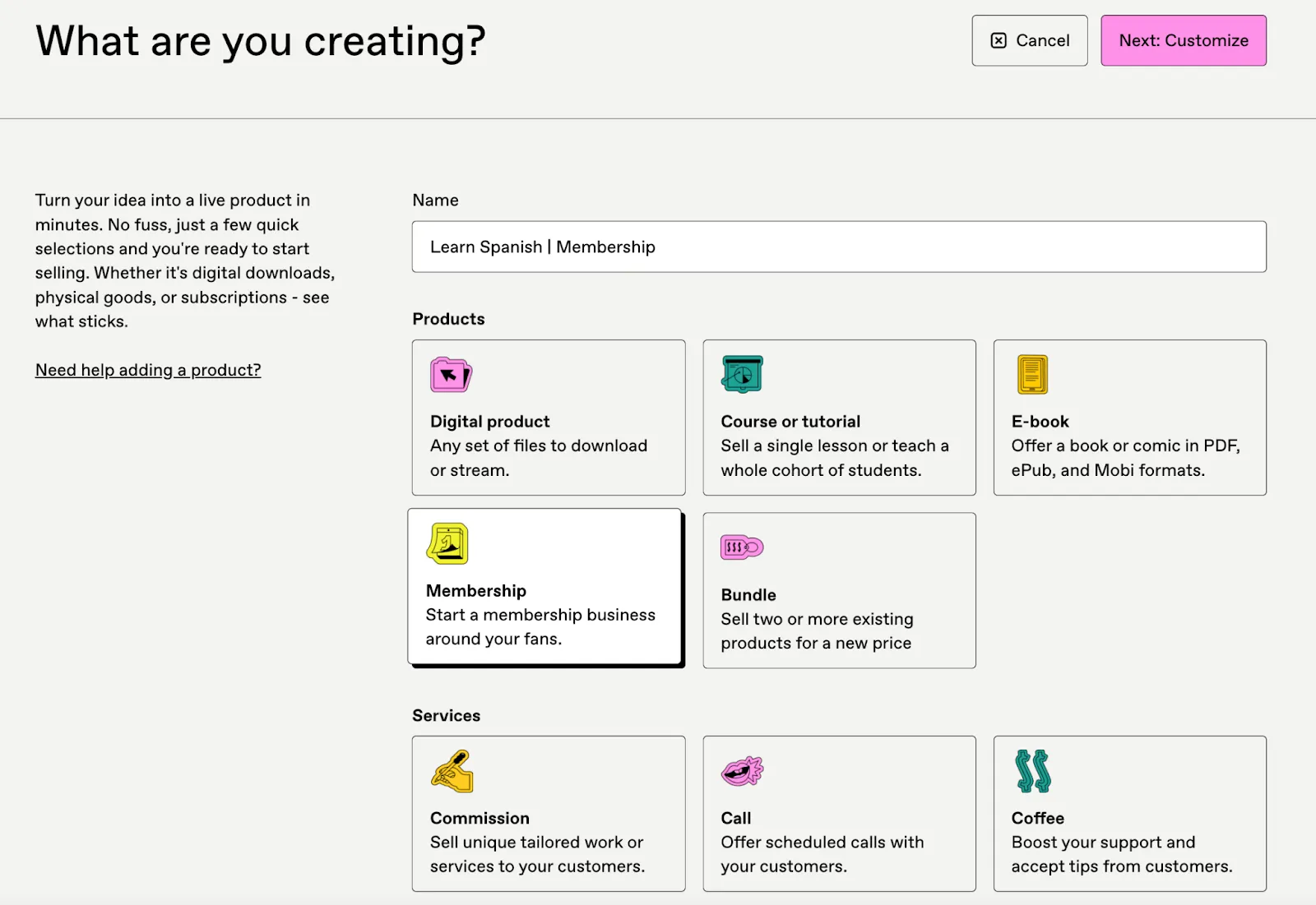 Screenshot of Gumroad's product type selection screen