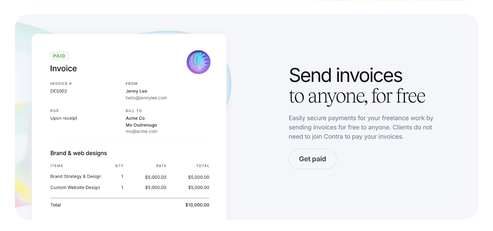 Screenshot of Contra's free invoicing feature