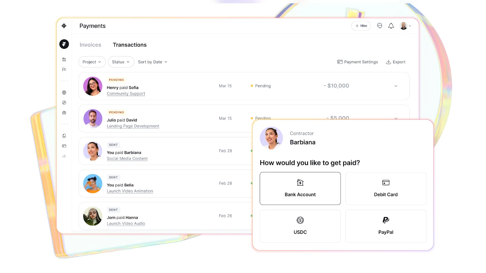 Screenshot of Contra's payments and payout options