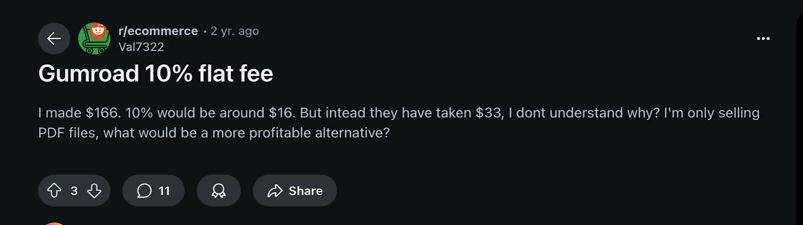 Screenshot of a Reddit post about Gumroad's flat fee