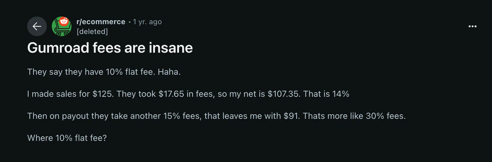 Screenshot of a Reddit post complaining about Gumroad fees