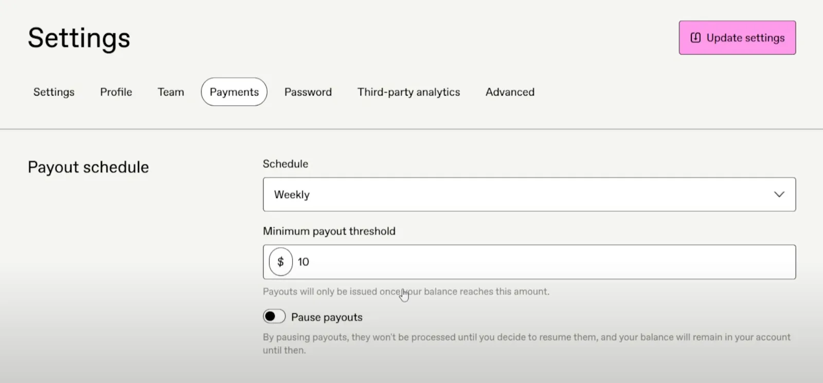 Screenshot of Gumroad payout schedule settings
