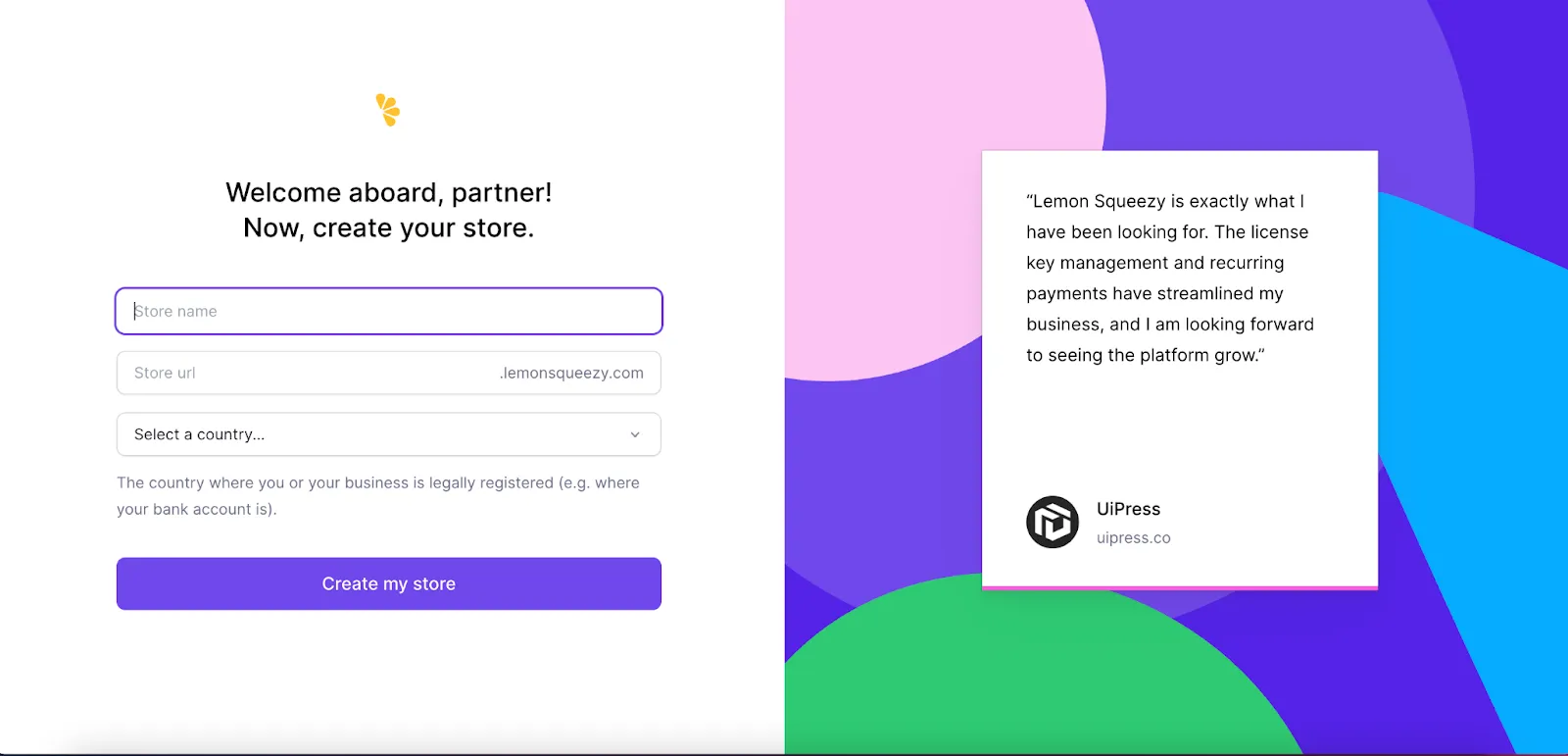 Screenshot of the Lemon Squeezy store creation welcome screen