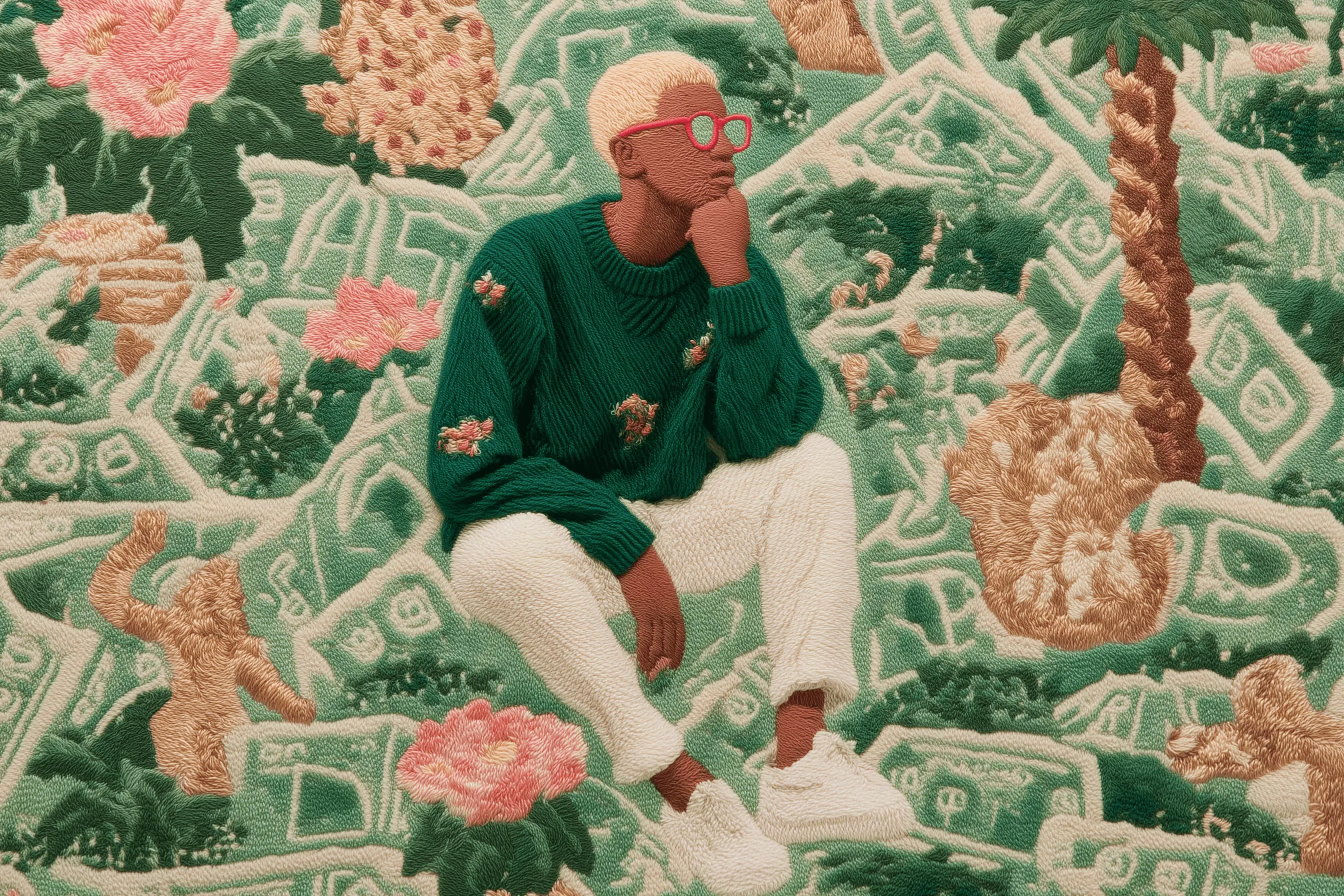 A person seated amid a collage of banknotes and flowers