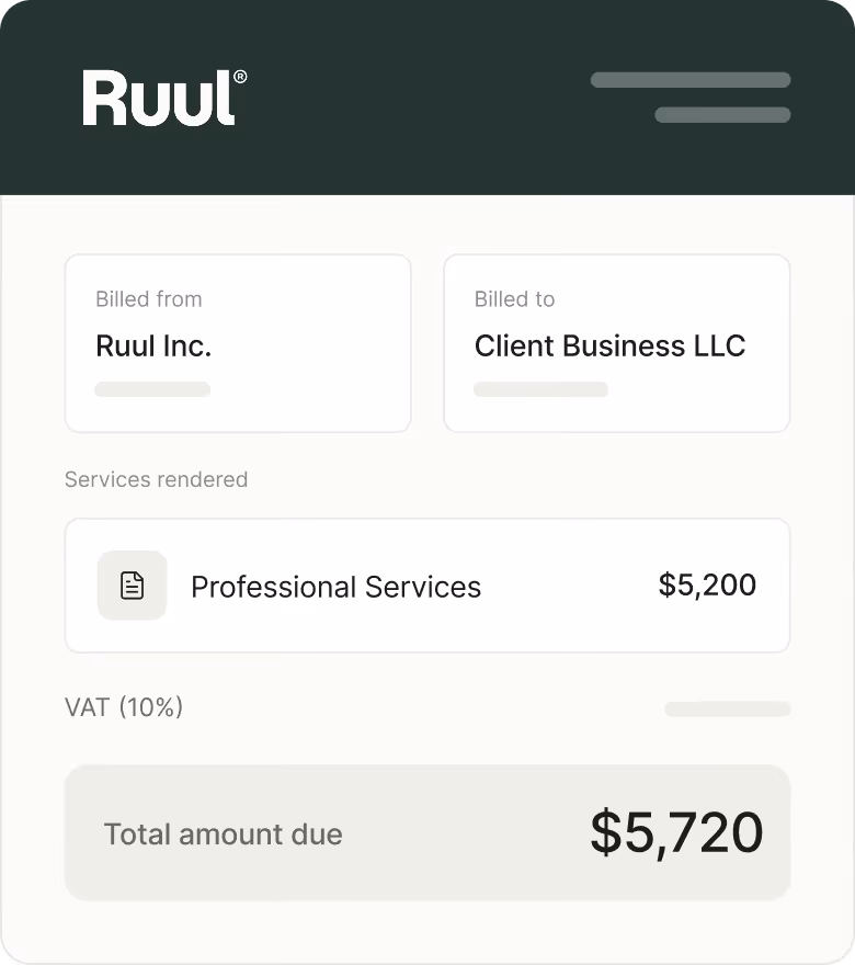 Invoice summary with billed from Ruul Inc. and services total