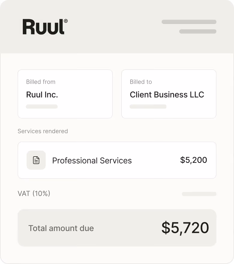 Ruul checkout with line items and amount due.