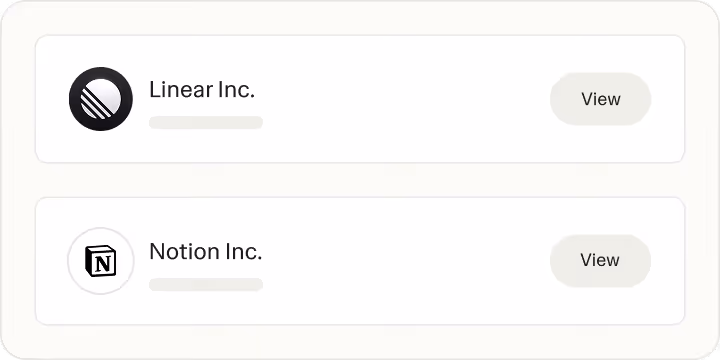 Ruul clients list with company names and quick view actions.