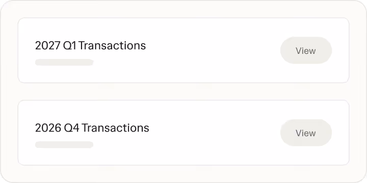 Ruul transaction quarters list with view actions for each period.